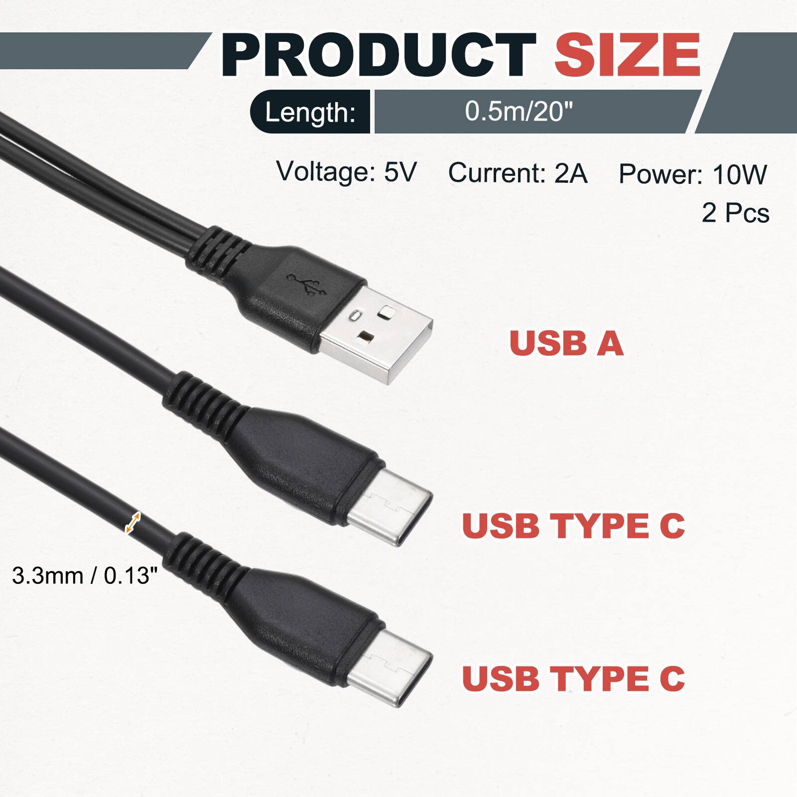 PRODUCT SIZE  
Length: 0.5m/20"  
Voltage: 5V  
Current: 2A  
Power: 10W  
2 Pcs  

USB A  
USB TYPE C  
3.3mm/0.13"  
USB TYPE C