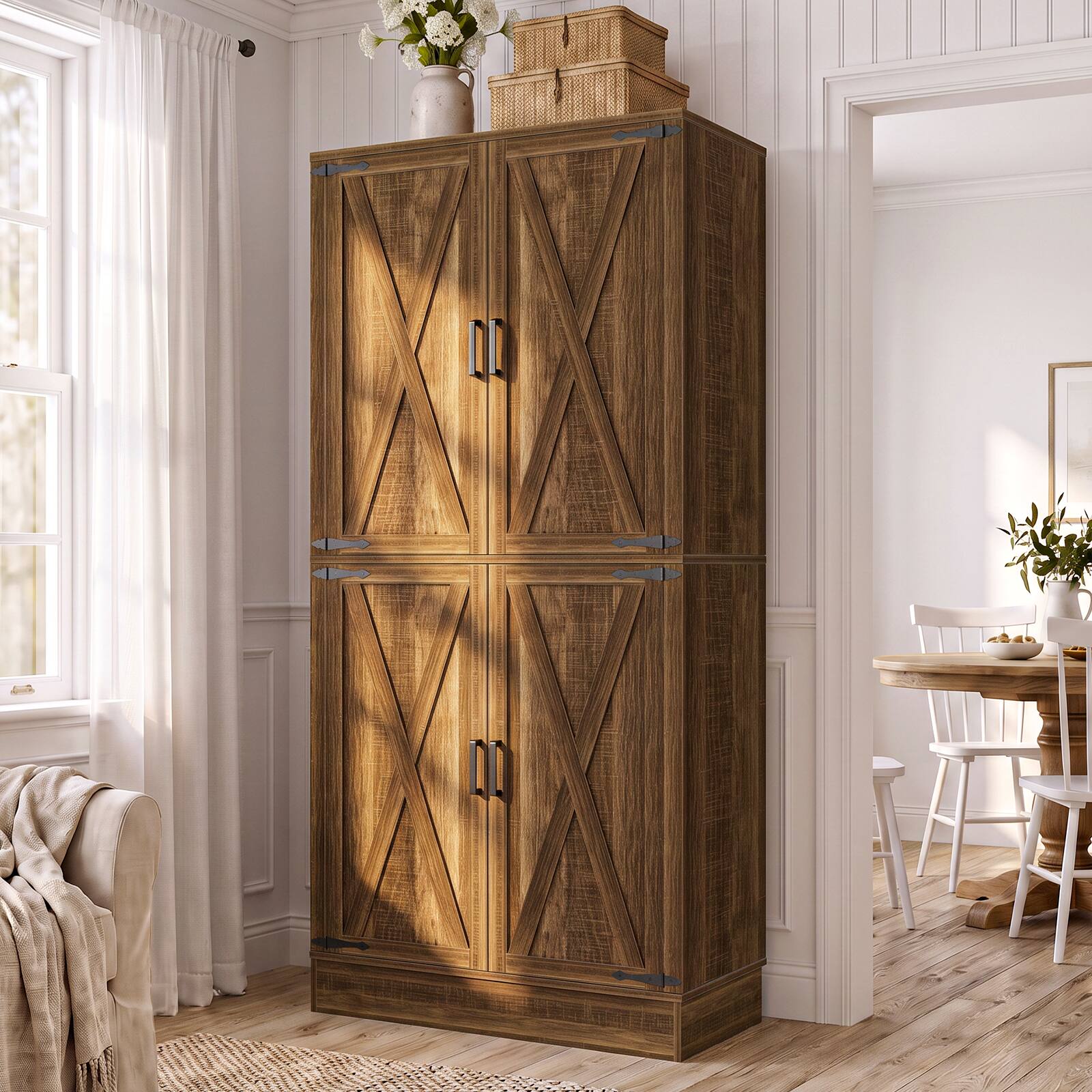 Alt View 3. Aheaplus - 70'' Tall 4-Door Kitchen Pantry Cabinet Set of 2, 63'' Width, with 2 Drawrs and Adjustable Shelves - Weathered Brown.