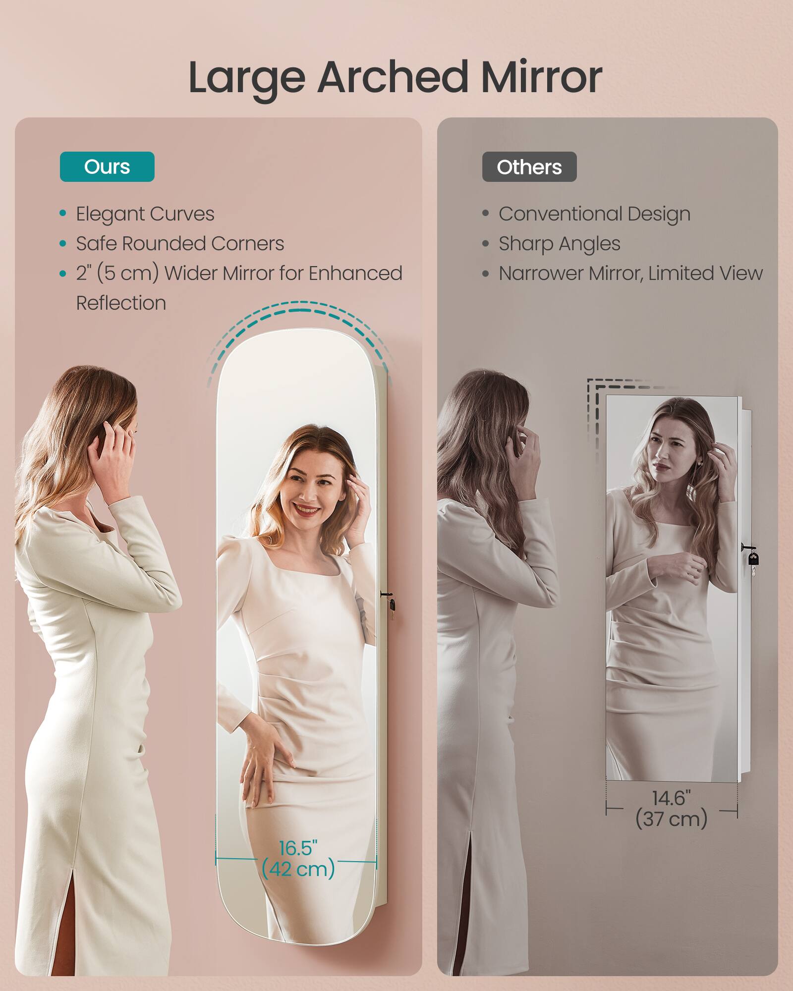 Large Arched Mirror

Ours
- Elegant Curves
- Safe Rounded Corners
- 2" (5 cm) Wider Mirror for Enhanced Reflection

Others
- Conventional Design
- Sharp Angles
- Narrower Mirror, Limited View

16.5" (42 cm)
14.6" (37 cm)