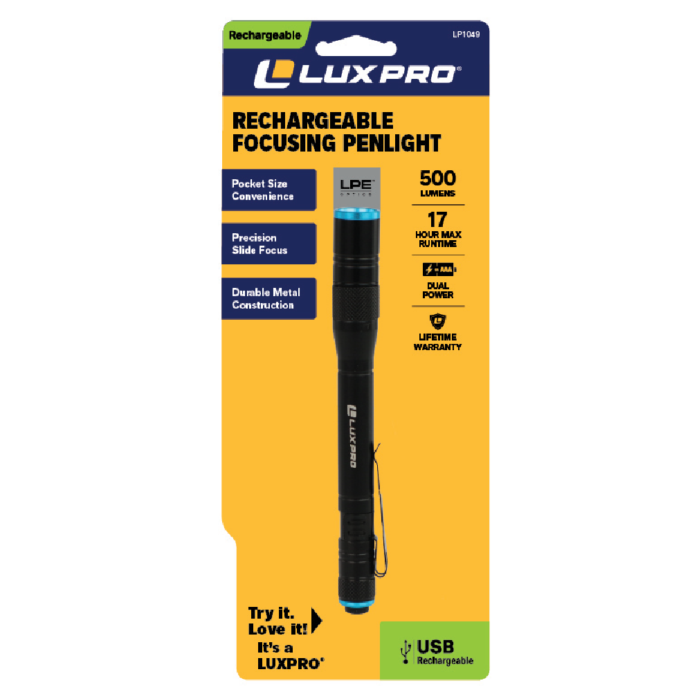 Rechargeable LP1049 LUXPRO RECHARGEABLE FOCUSING PENLIGHT Pocket Size Convenience Precision Slide Focus Durable Metal Construction LPE IE. 500 LUMENS 17 HOUR MAX RUNTIME - DUAL POWER LIFETIME WARRANTY LUXPRO Try it. Love it! It's a LUXPRO' USB Rechargeable
