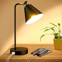 Dazzed Corner - Dimmable Desk Lamp with Charging Ports AC Outlet, Metal Table Lamp - Black
