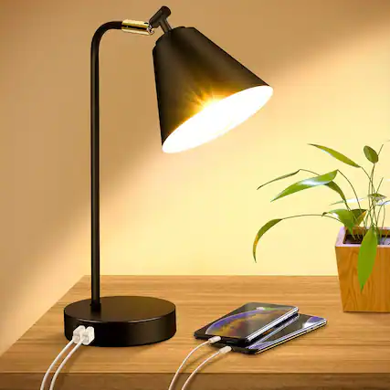 Front. Dazzed Corner - Dimmable Desk Lamp with Charging Ports AC Outlet, Black Metal Table Lamp - Black.