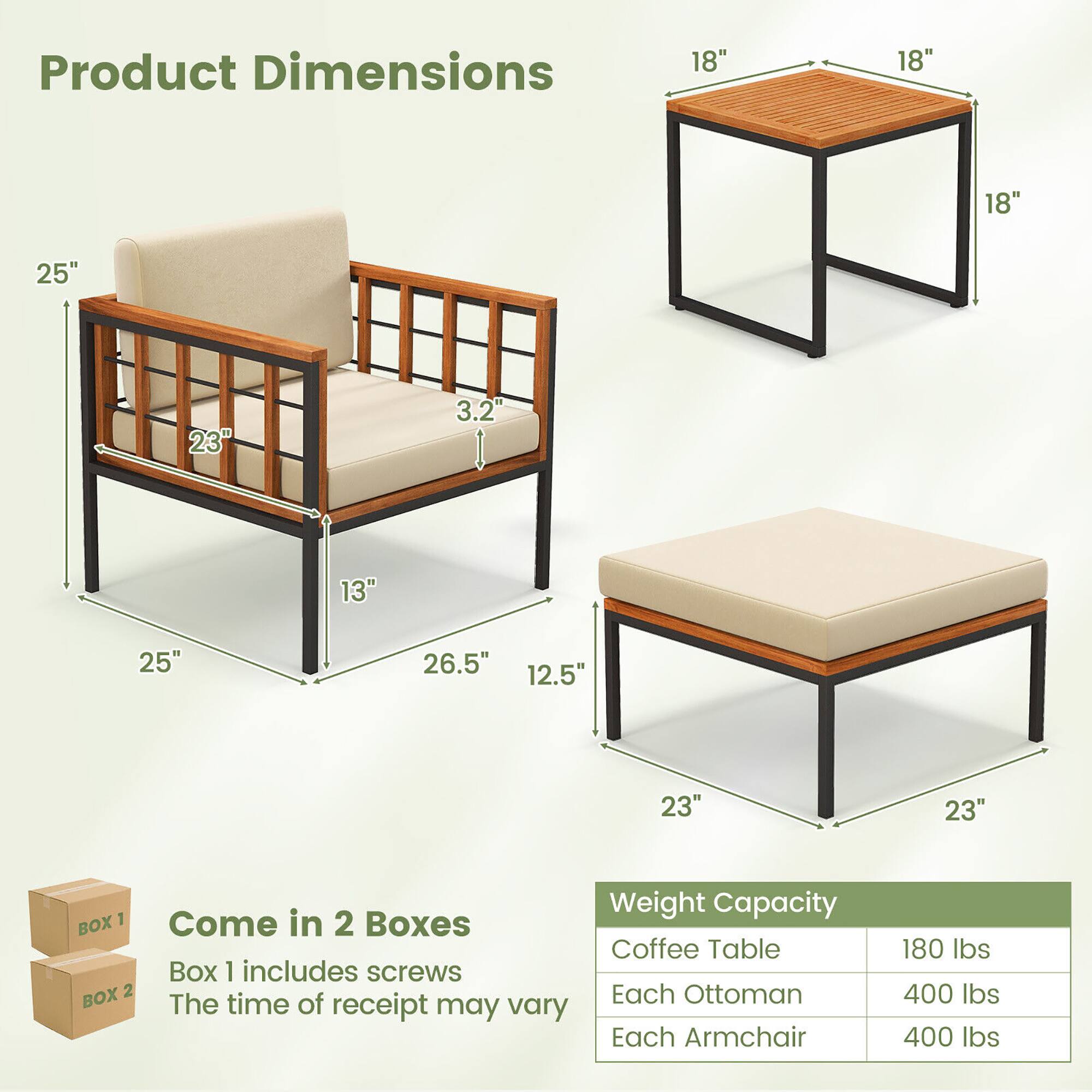Product Dimensions: 18" 18" 18" 25" 23" 3.2" 13" 25" 26.5" 12.5" 23" 23"

Weight Capacity: Coffee Table 180 lbs, Each Ottoman 400 lbs, Each Armchair 400 lbs

Come in 2 Boxes: Box 1 includes screws, The time of receipt may vary