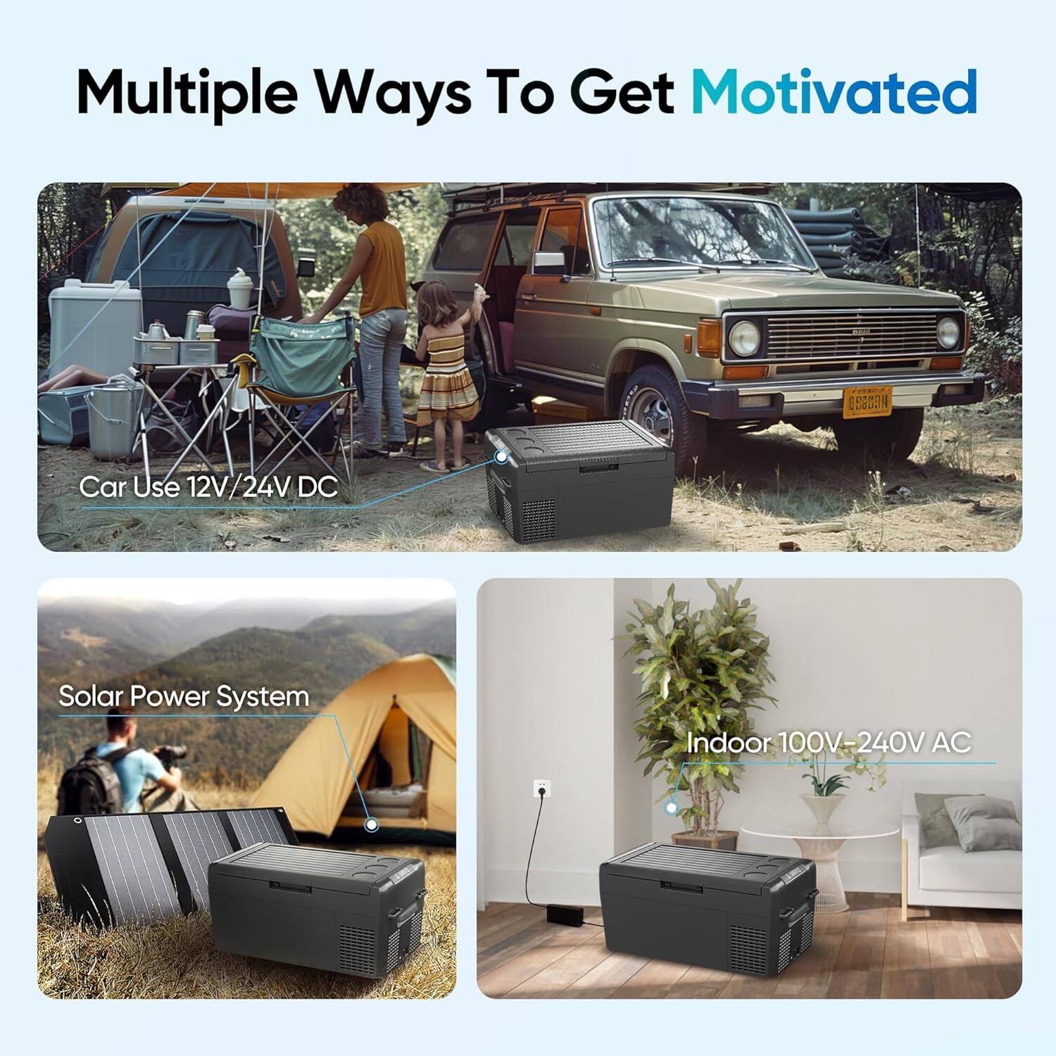 Multiple Ways To Get Motivated

- Car Use 12V/24V DC
- Solar Power System
- Indoor 100V-240V AC
