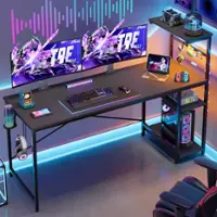 Bestier - Gaming Desk with RGB LED Lighting and 4-Tier Reversible Storage Shelves - Black - Front_Zoom