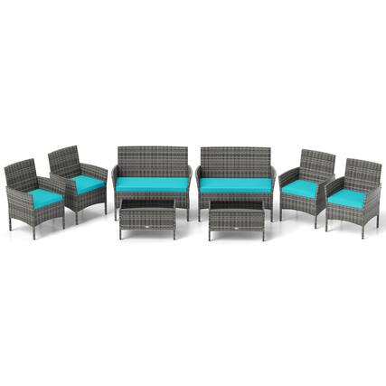 Front. Costway - Costway 8 PCS Patio Furniture Set with Washable Cushions and Tempered Glass Coffee Table - Turquoise.