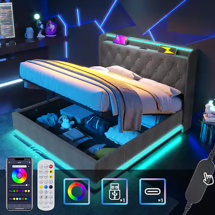 Front. Anysun - Full Upholstered Hydraulic Bed - 360 Surround LED, App/Remote Control, USB-C Charging, PU. - Grey.