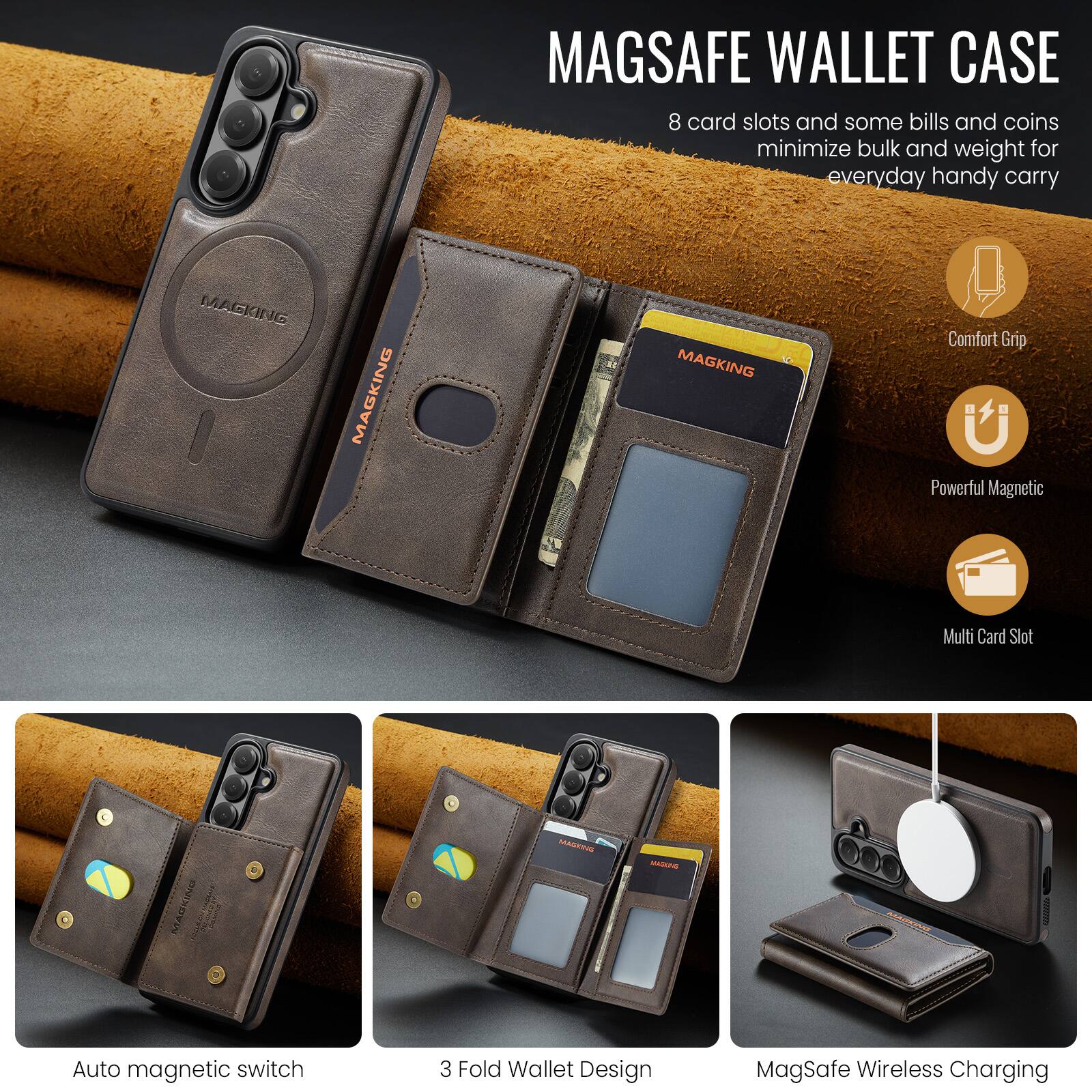MAGSAFE WALLET CASE  
8 card slots and some bills and coins minimize bulk and weight for everyday handy carry

MAGKING  
Comfort Grip  
Powerful Magnetic  
Multi Card Slot  
Auto magnetic switch  
3 Fold Wallet Design  
MagSafe Wireless Charging