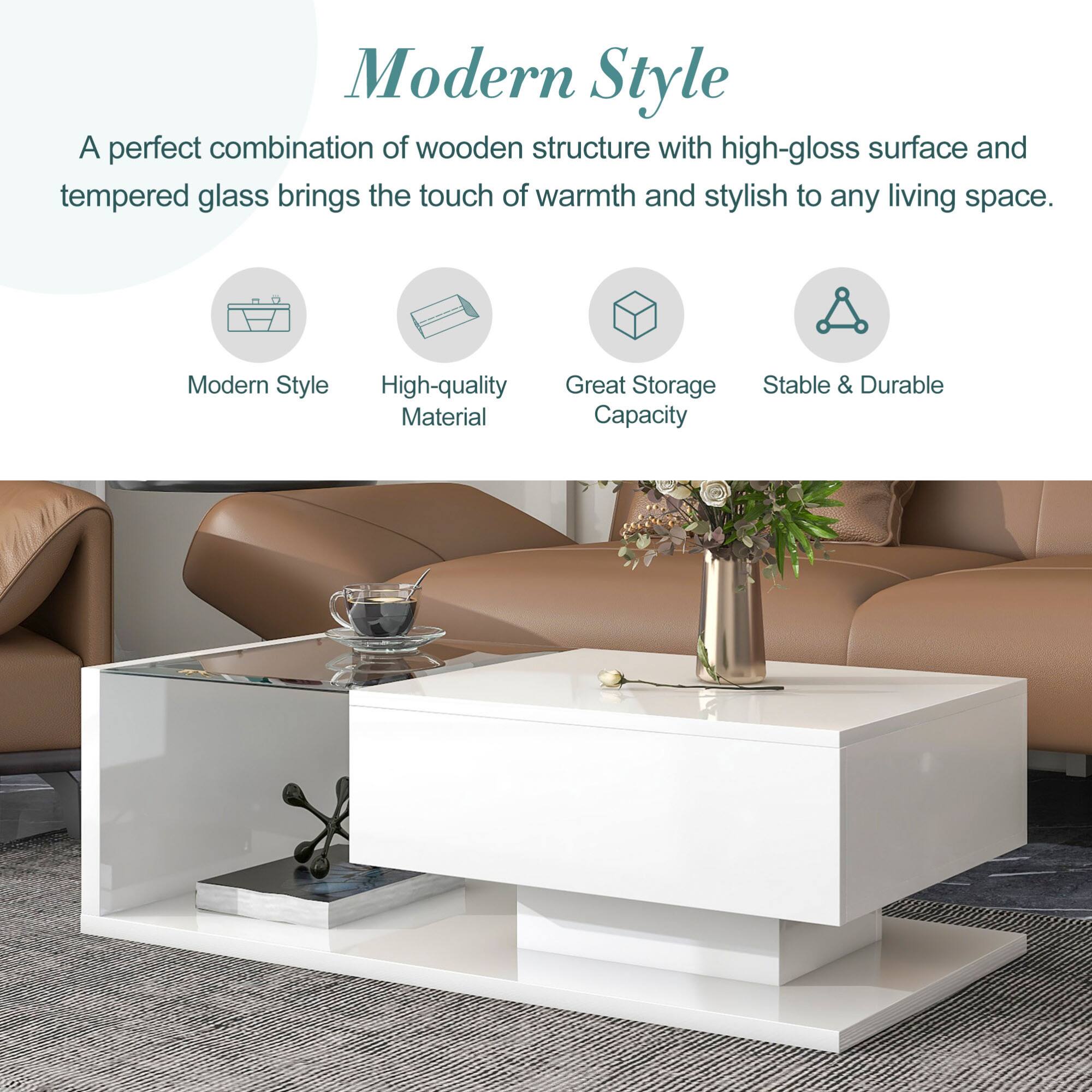 Modern Style

A perfect combination of wooden structure with high-gloss surface and tempered glass brings the touch of warmth and stylish to any living space.

- Modern Style
- High-quality Material
- Great Storage Capacity
- Stable & Durable