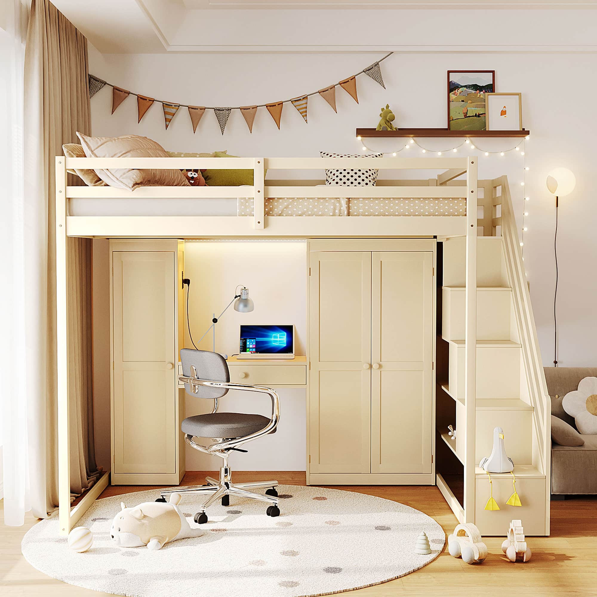 Anysun - Full Size Loft Bed with Storage Staircase - Built-In Dressing Table & Mirror, Wardrobe, USB Ports & Lights - Beige