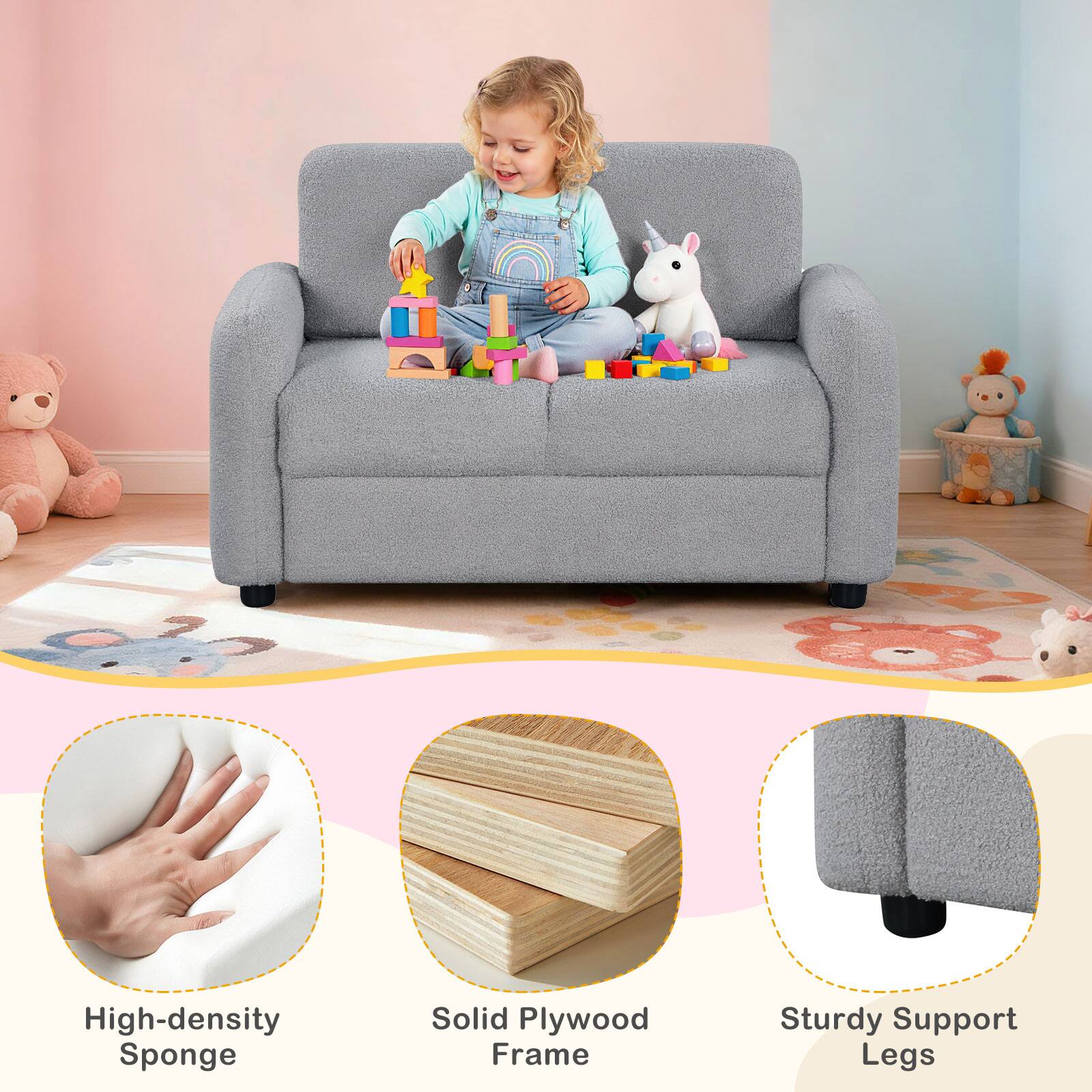 High-density Sponge  
Solid Plywood Frame  
Sturdy Support Legs