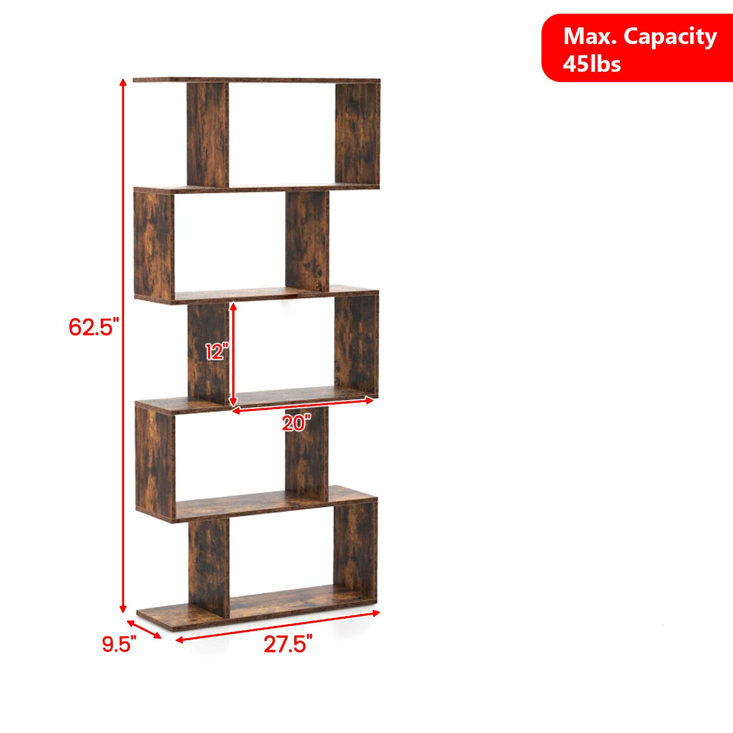Max. Capacity 45lbs  
62.5"  
12"  
20"  
9.5"  
27.5"