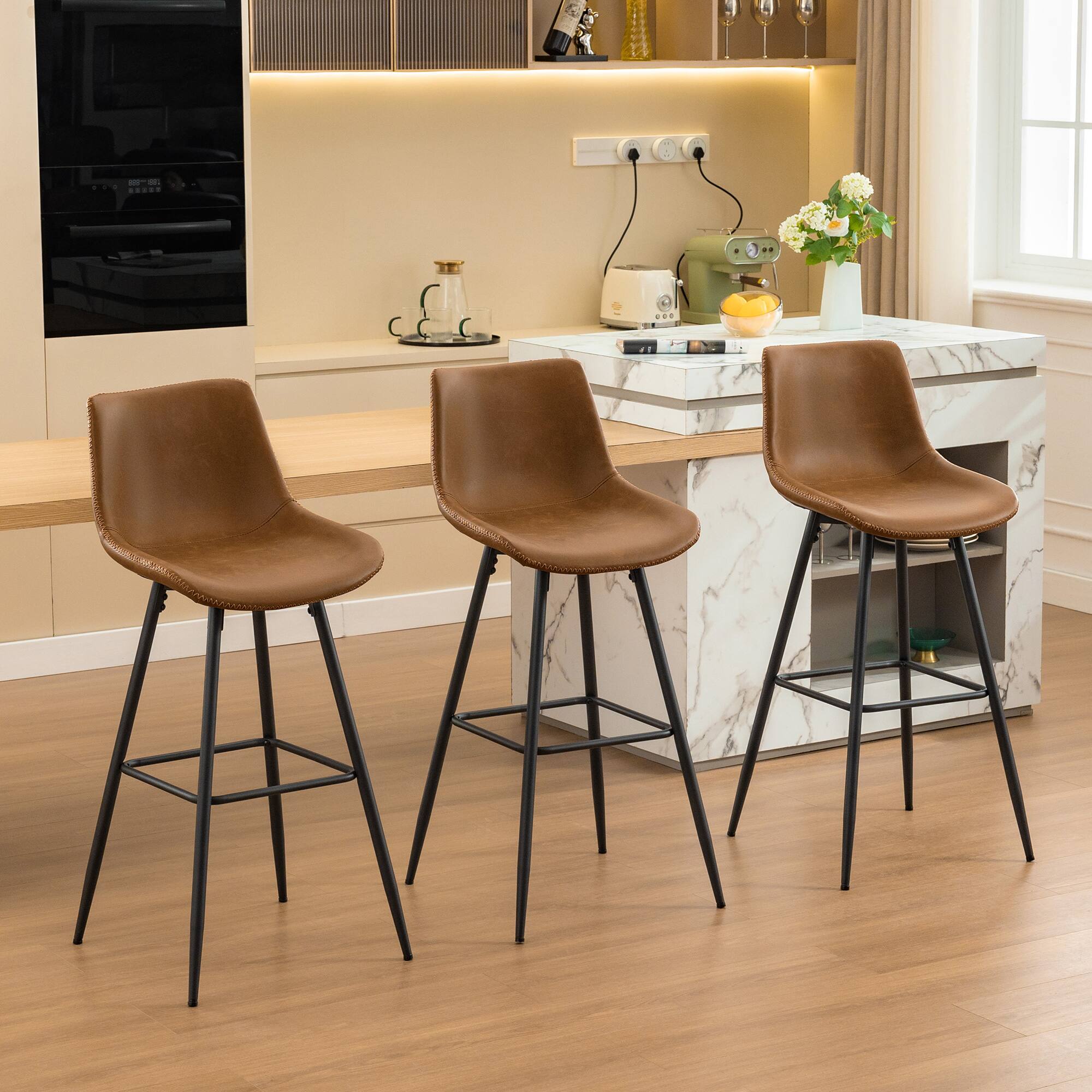 Alt View 5. KERDOM - 24/28'' H Bar Stools Set of 3, Waterproof PU Leather Armless Kitchen Island High Chair Counter Stool, Rubber Foot Pad - Brown - 28‘’ Height.