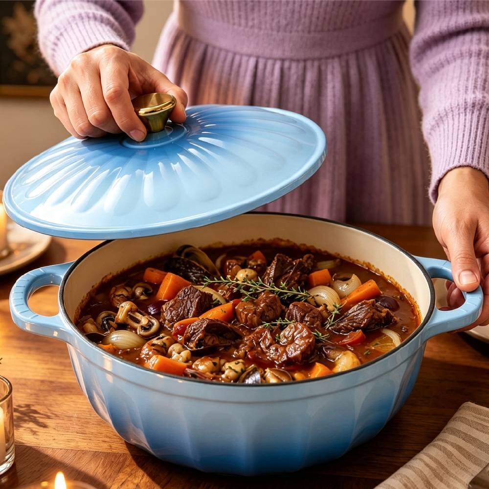 Left. Winado - 7.5QT Enameled Cast Iron Dutch Oven with Gradient Petal Texture,Heat-Resistant Gloves, Pot Mat for Bread Baking, Stews - Blue.