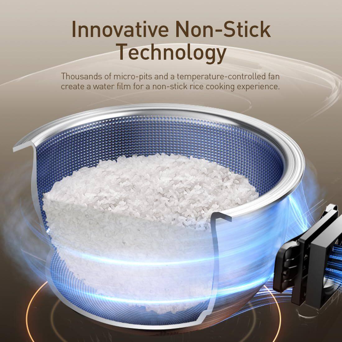 Innovative Non-Stick Technology

Thousands of micro-pits and a temperature-controlled fan create a water film for a non-stick rice cooking experience.