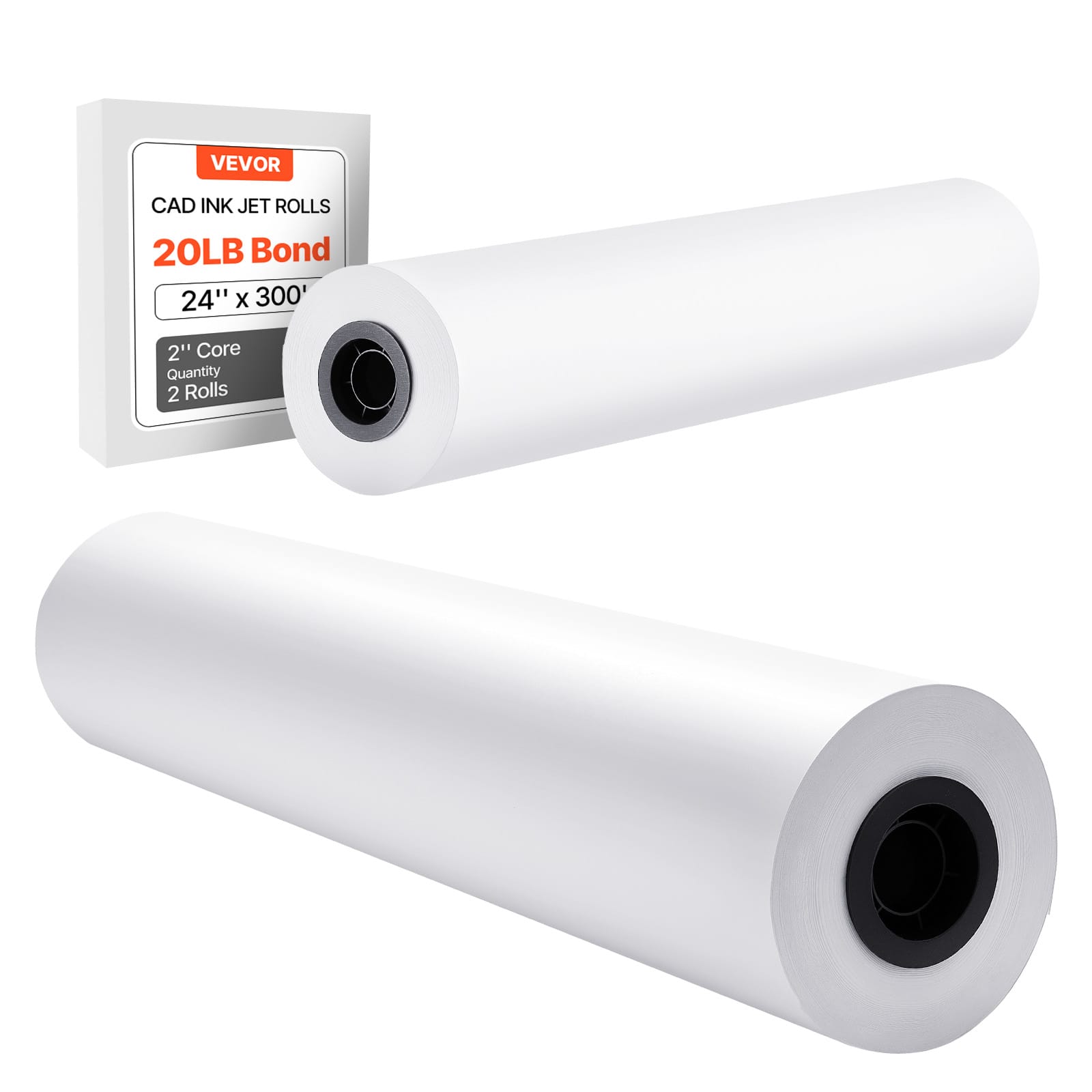 VEVOR - Wide Format Paper, 24 in x 300 ft Plotter Roll, 2 Rolls CAD Bond Rolls with 2 in Core, 20 LB Bond Paper Rolls - Bright White