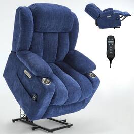 Kadyn - Power Lift Recliner Chair, 8-Point Massage & Heat, Dual USB Ports, Cup Holders, 350lb Capacity - Blue