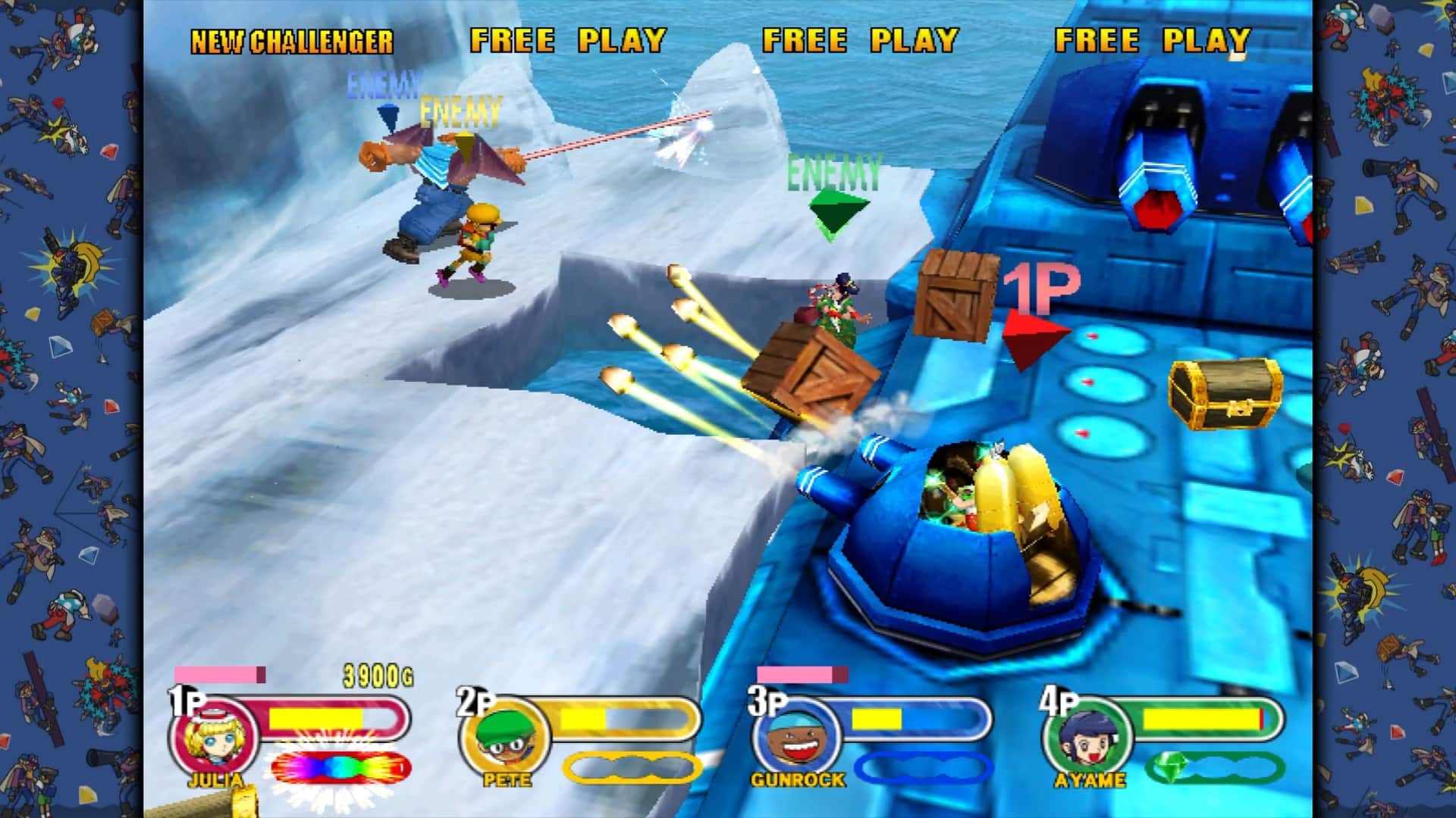 NEW CHALLENGER FREE PLAY ENEMY FREE PLAY 1P 1P 3900G 2P 3P 4P E JULIA PETE GUNROCK AYAME
