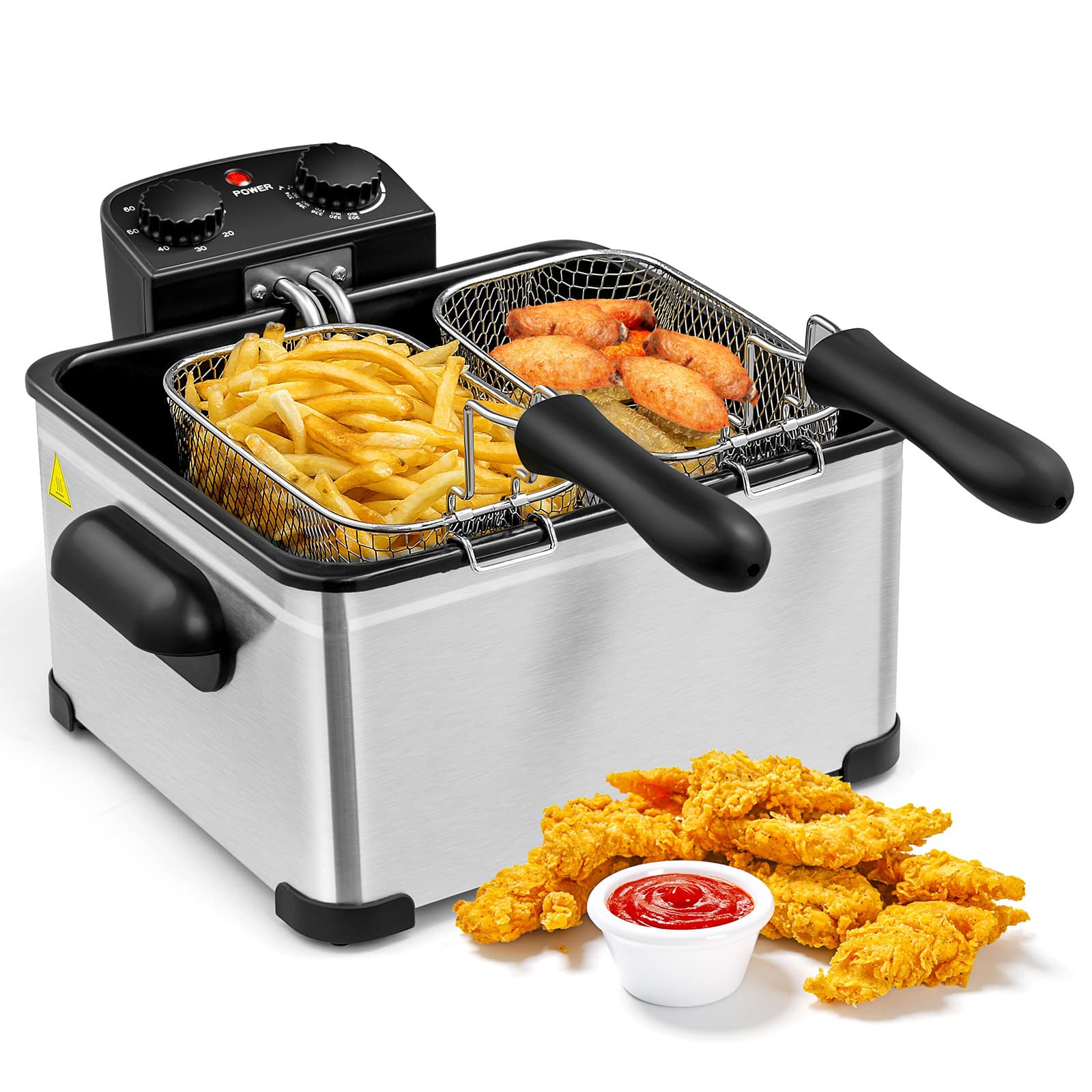 SKONYON - 1700W Deep Fryer with Triple Basket System 5.3 Qt Oil Capacity and Adjustable Temperature Control - Silver