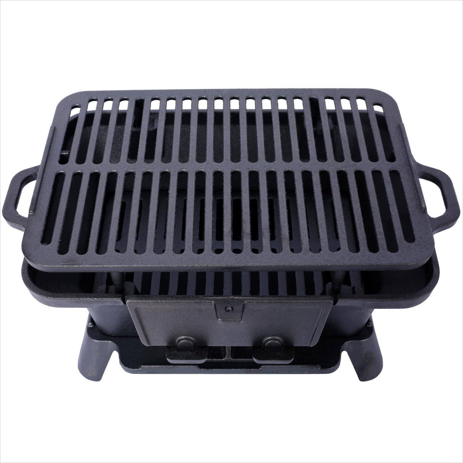 Left. MOOSOO - Cast Iron Charcoal Grill with Double-Sided Grate, Portable Outdoor BBQ Grill, Compact Tabletop Grill Stove - Black.