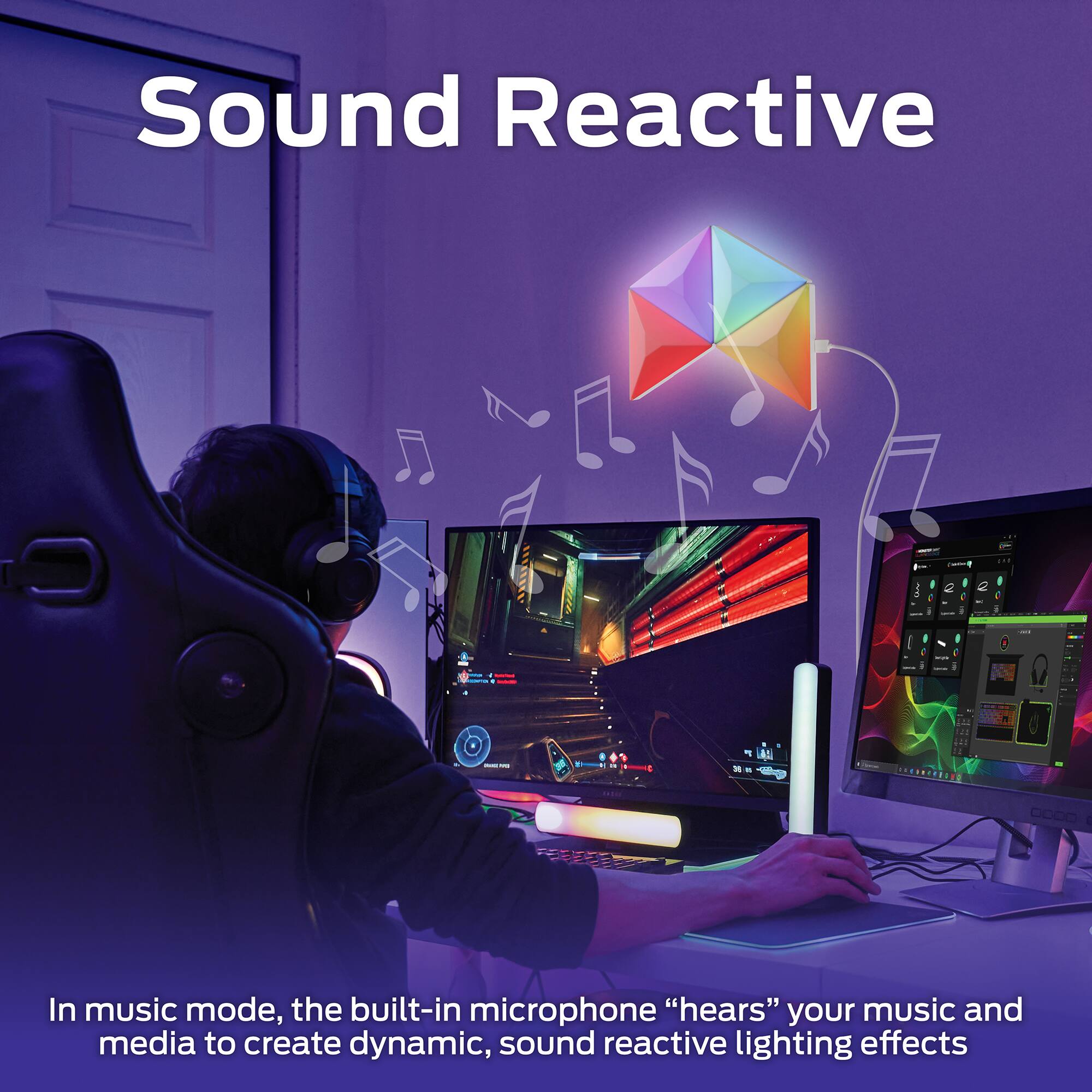 Sound Reactive

In music mode, the built-in microphone "hears" your music and media to create dynamic, sound reactive lighting effects.