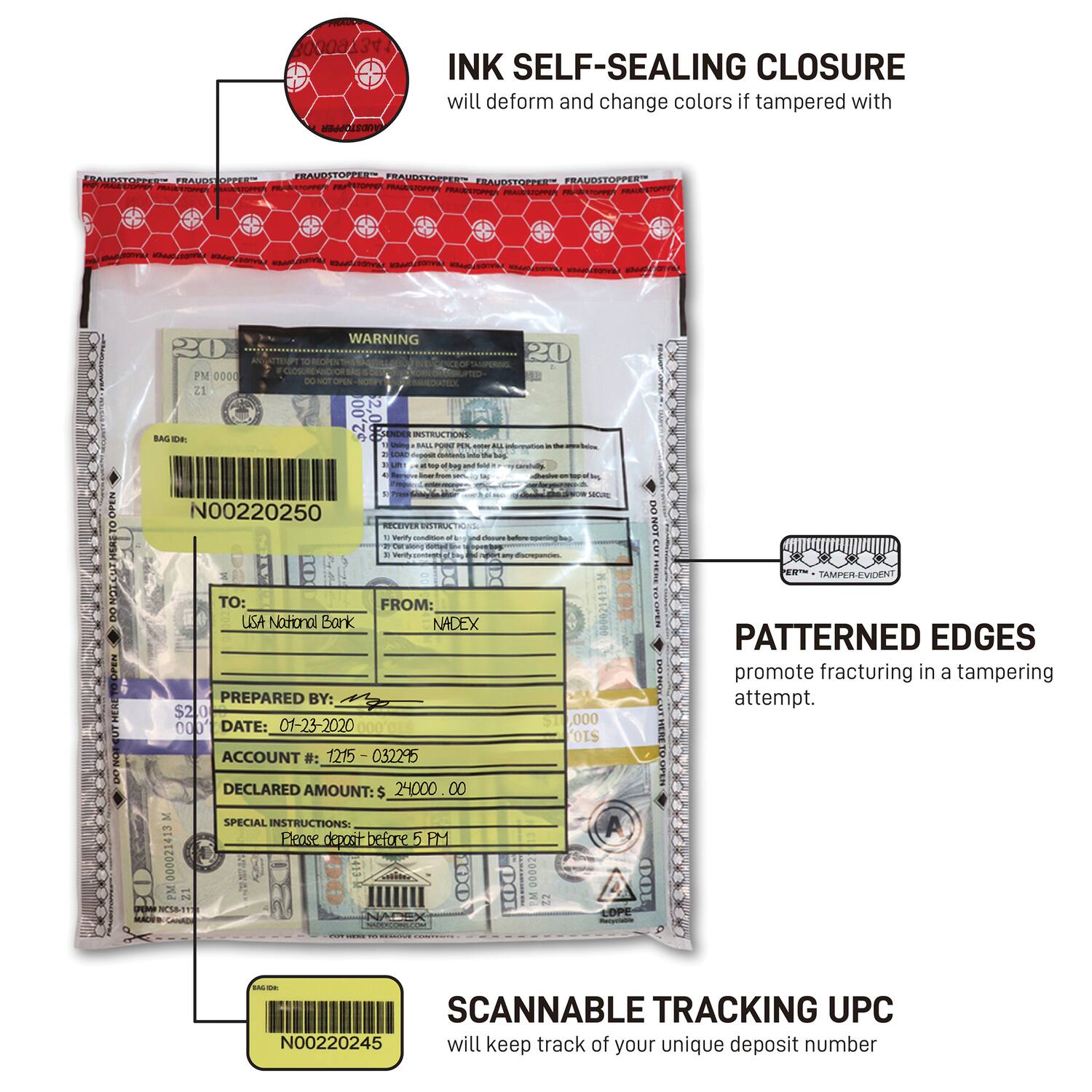 20008134 HGESm INK SELF-SEALING CLOSURE will deform and change colors if tampered with. RAMELIOLEN FRAUDSTOFSES TRAUSETOREERS FRAME era TRAUDITORNE FRAUDSTOPPER" -   ET  -  Fo - Onn     OPEN TO HERE : NB-PO 4U 8 WARNING 20 20 I AiI OSCE PM 0000 - Z1 $2,00 2,06 NSS ITRU BAG d in - -  - - - W Seo .  -  k and - - - - | - 1 MLIE N00220250 D RECEIVER IETRTO . very  - una - - - 2 shemg mergo 1  -  . - 1 - - 8 TO: FROM: i USA National Bank NADEX n PREPARED BY: My $2 CMT 01-23-2020 .000 00D DATE: $10, HEREIS ACCOUNT #: 1215- 032295 UPEN DECLARED