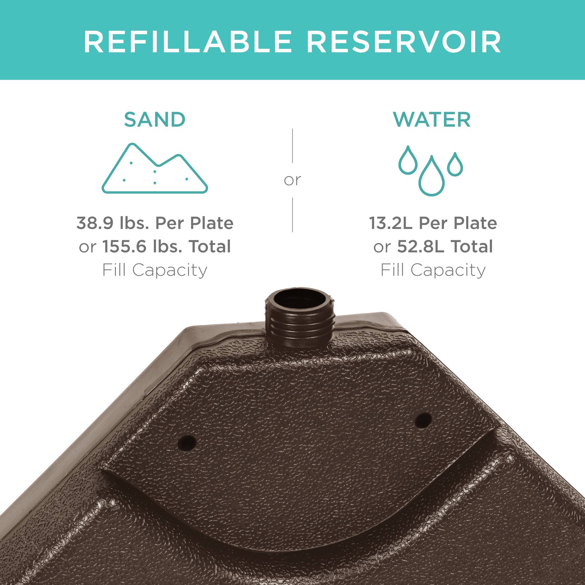 REFILLABLE RESERVOIR

SAND  
38.9 lbs. Per Plate or 155.6 lbs. Total Fill Capacity

or

WATER  
13.2L Per Plate or 52.8L Total Fill Capacity