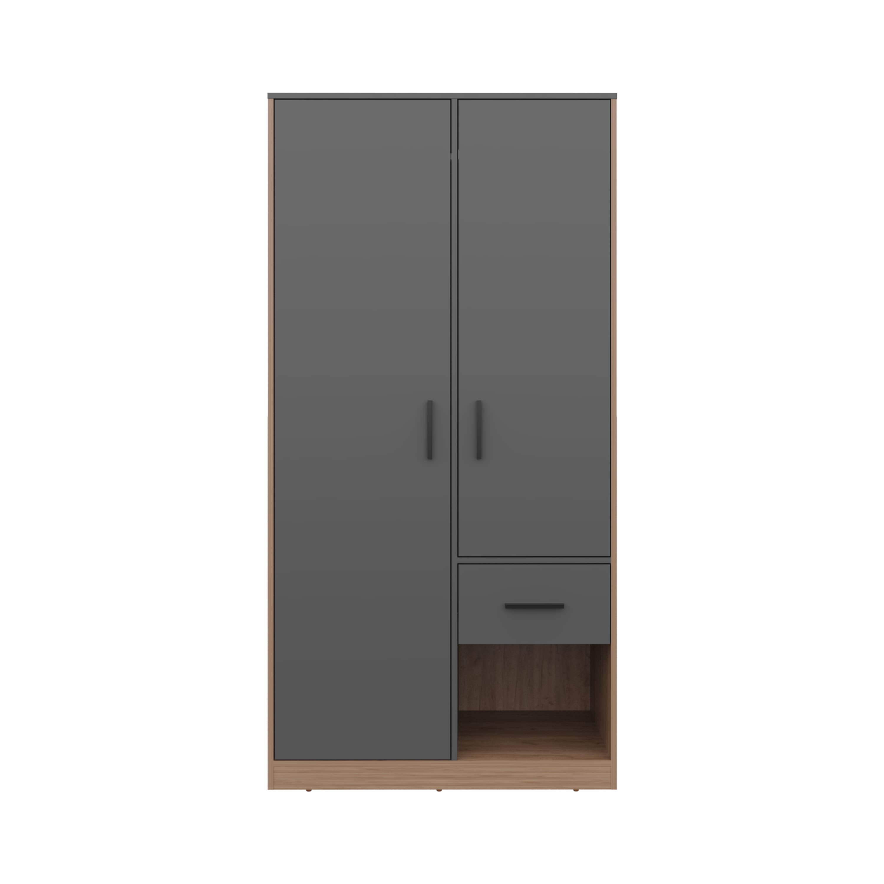 TuHome - Alder 2-Door One Drawer Amoire With 2 Cabinets, Two Hanging Rods And Four Shelves - Matt Gray - Natural Oak