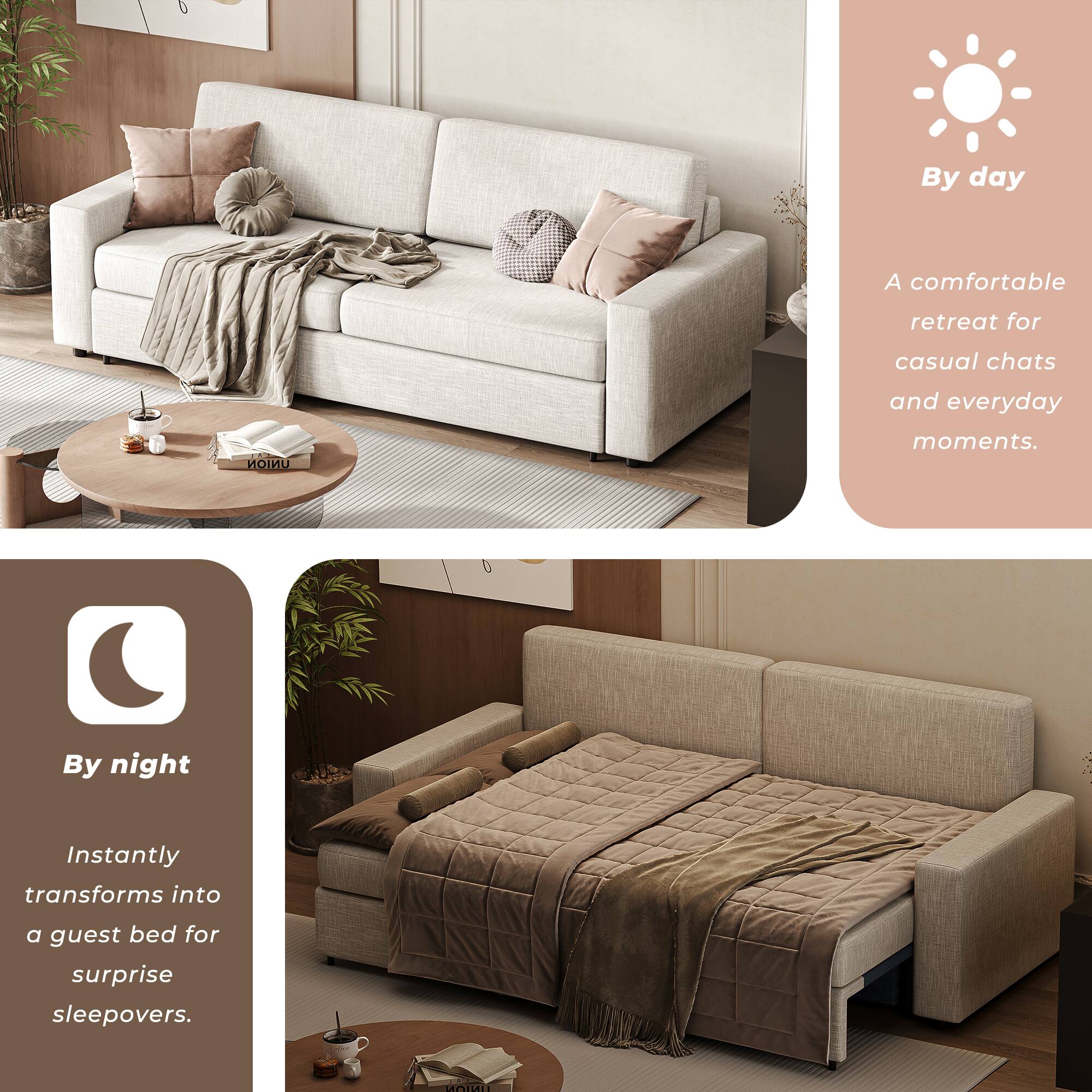 By day  
A comfortable retreat for casual chats and everyday moments.

By night  
Instantly transforms into a guest bed for surprise sleepovers.