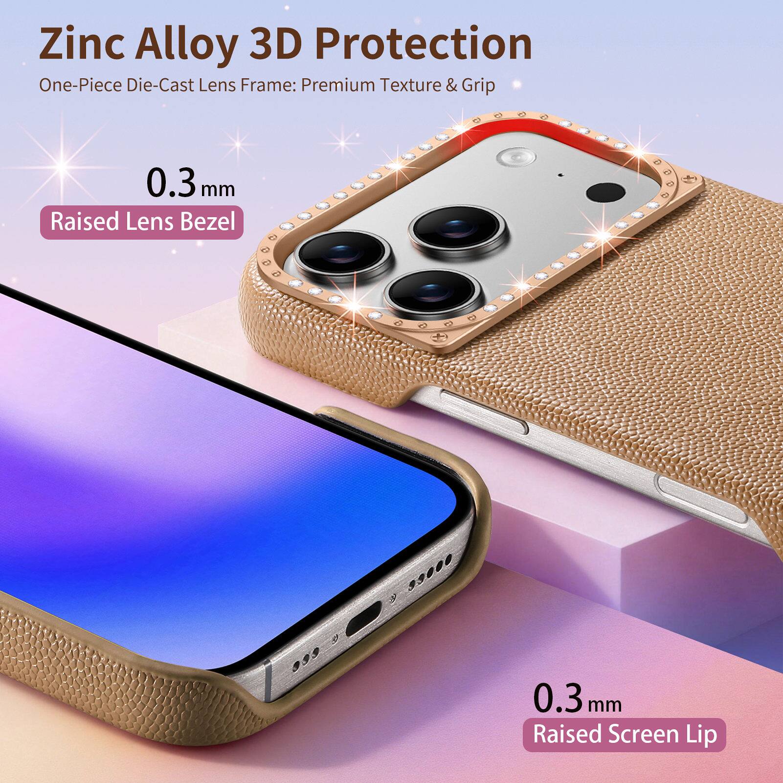 Zinc Alloy 3D Protection  
One-Piece Die-Cast Lens Frame: Premium Texture & Grip  
0.3 mm Raised Lens Bezel  
0.3 mm Raised Screen Lip