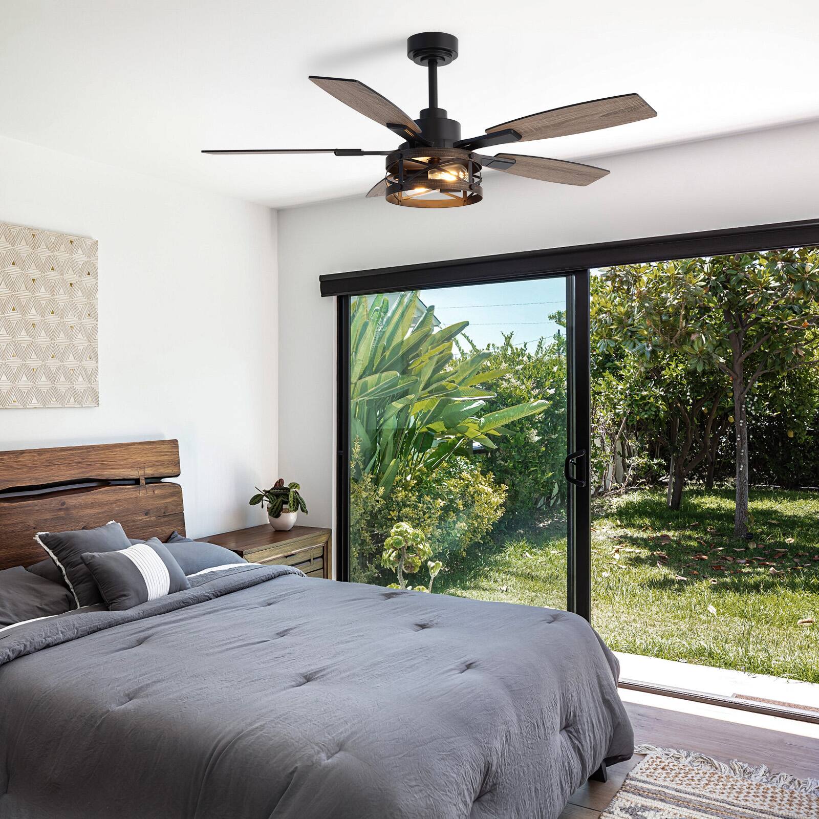 Alt View 1. Siljoy - 52-in Rustic Cage Ceiling Fan with Walnut or Black Color Blades Ceiling Fan With Light - Remote Included ( 5-Blade ) - Black and Gold Accents.