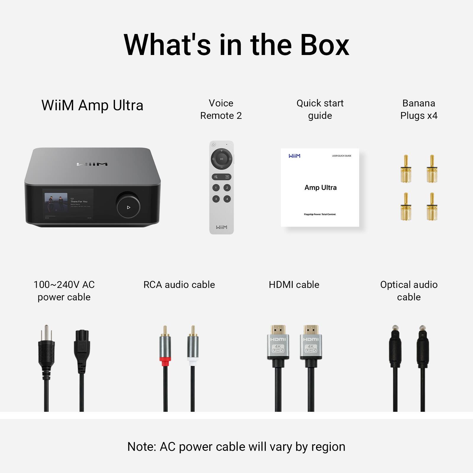 What's in the Box

WiiM Amp Ultra

Voice Remote 2

Quick start guide

Banana Plugs x4

100~240V AC power cable

RCA audio cable

HDMI cable

Optical audio cable

Note: AC power cable will vary by region