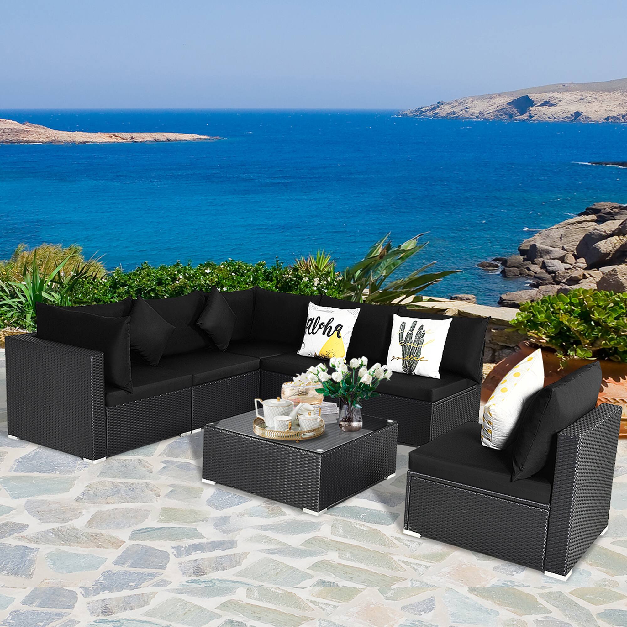 Alt View 4. Gymax - Gymax 7PCS Rattan Patio Conversation Set Sectional Furniture Set w/ Black Cushion - Black.