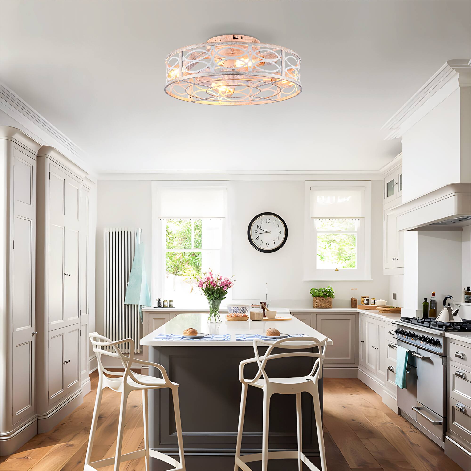 Back. GOODSILO - 20" Bladeless Caged Ceiling Fan with Remote, 6-Speed, Flush Mount (Bulbs Not Included) - Retro White.