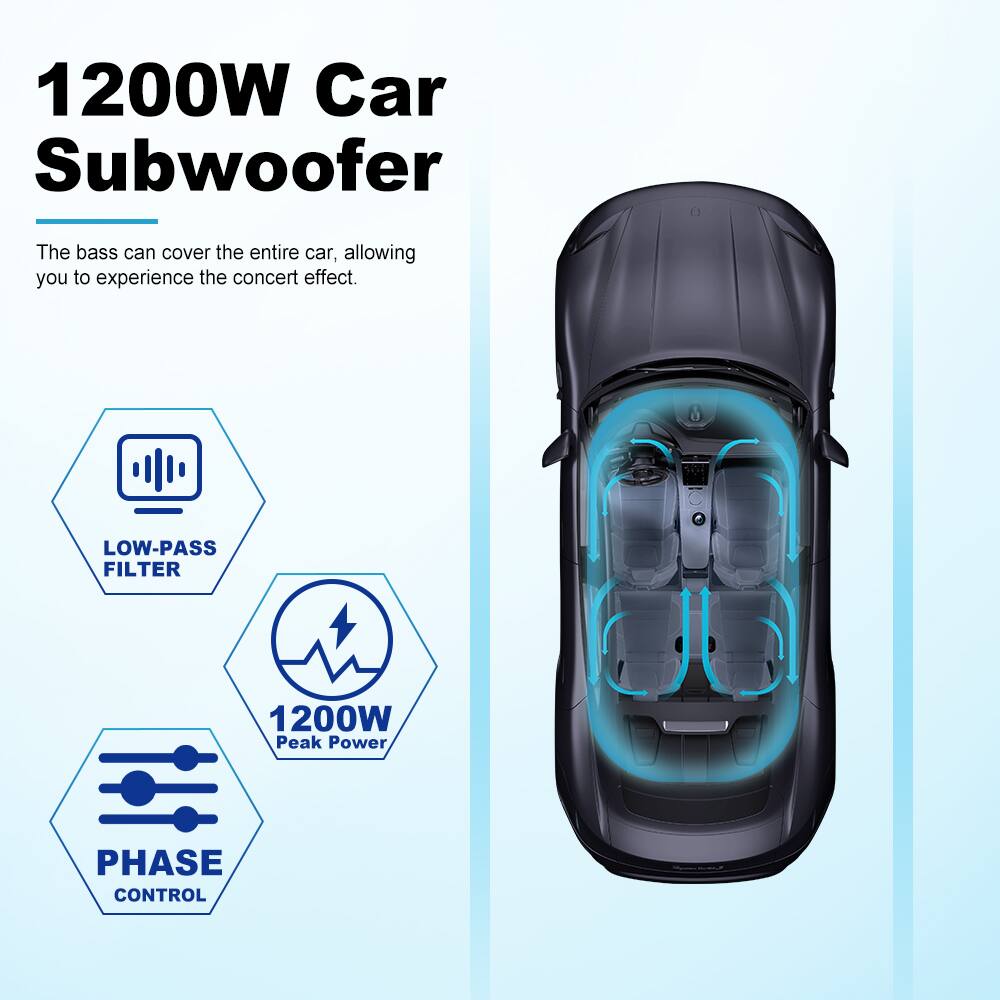 1200W Car Subwoofer

The bass can cover the entire car, allowing you to experience the concert effect.

- LOW-PASS FILTER
- 1200W Peak Power
- PHASE CONTROL