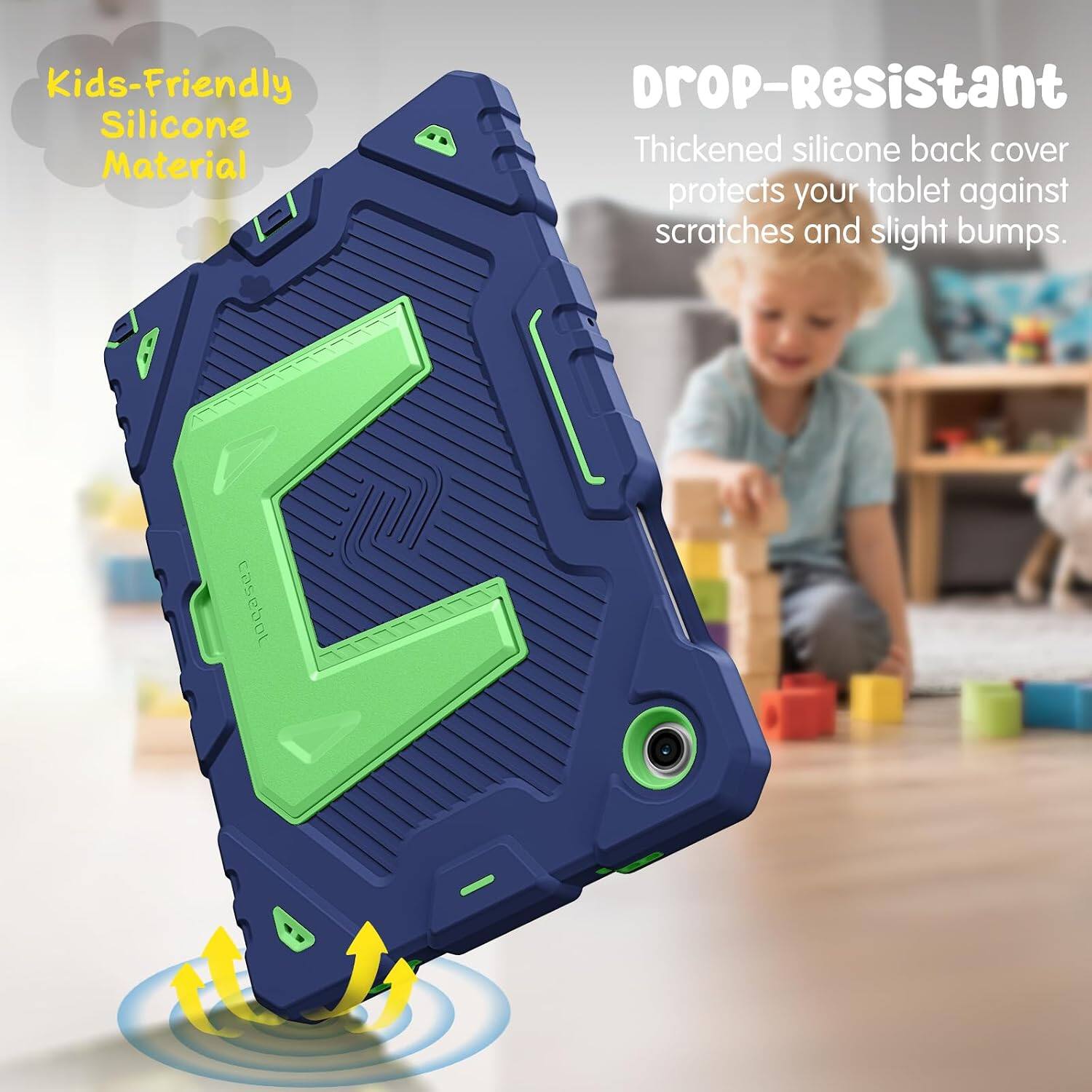 Kids-Friendly Silicone Material

Drop-Resistant

Thickened silicone back cover protects your tablet against scratches and slight bumps.