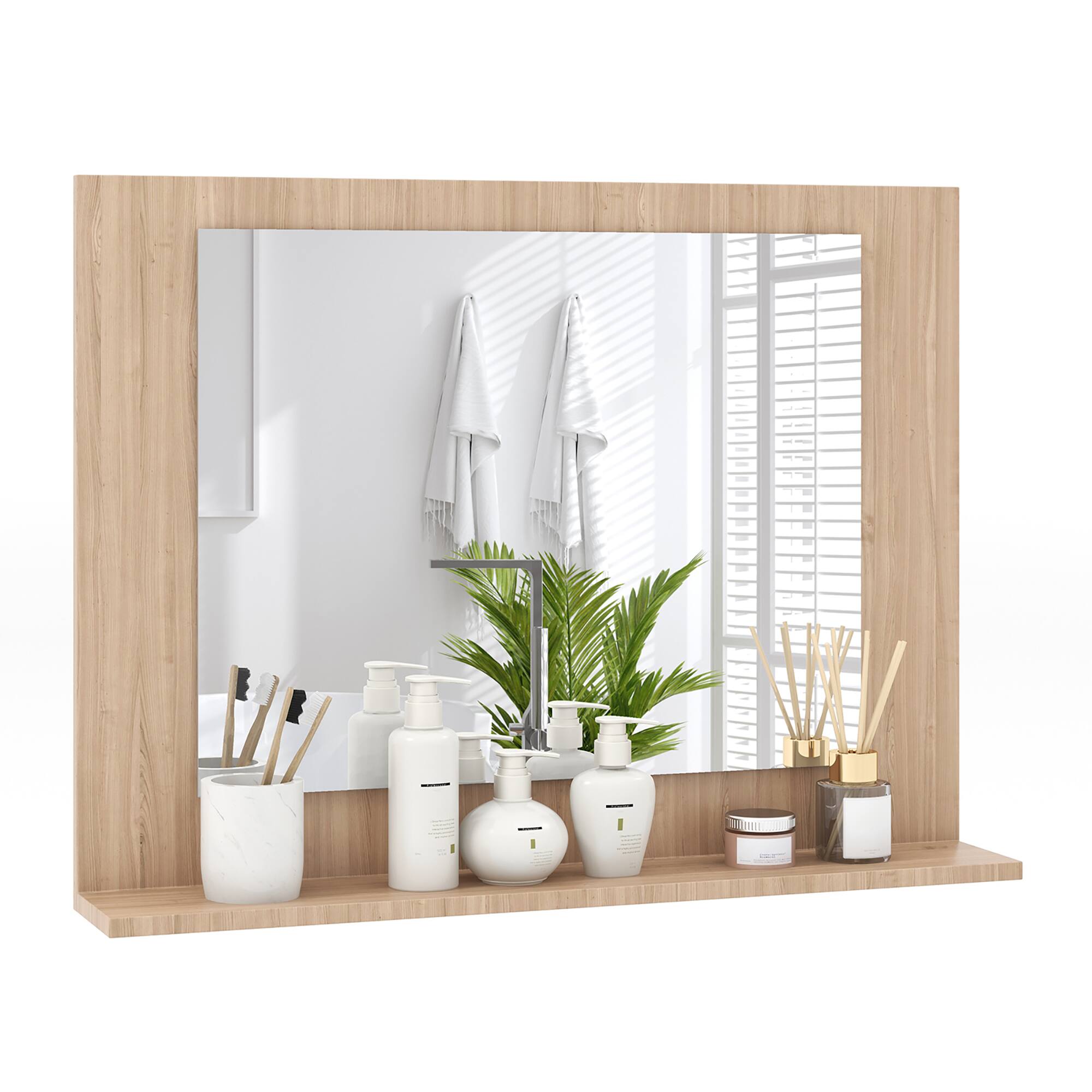 Alt View 8. Gymax - Gymax Bathroom Mirror w/ Shelf 23.5'' x 17.5'' Rectangle Wood Frame Vanity Mirror Natural - Natural.