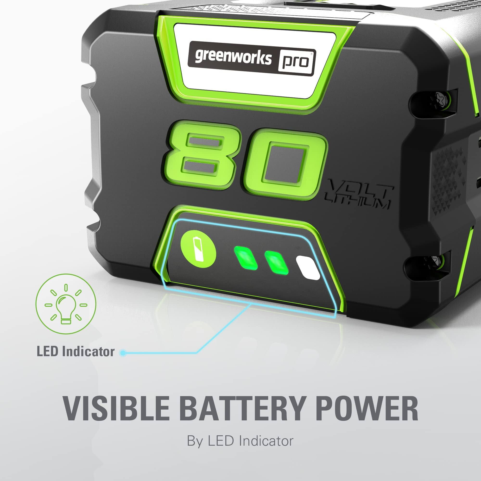 greenworks pro  
80 VOLT LITHIUM  
LED Indicator  
VISIBLE BATTERY POWER  
By LED Indicator
