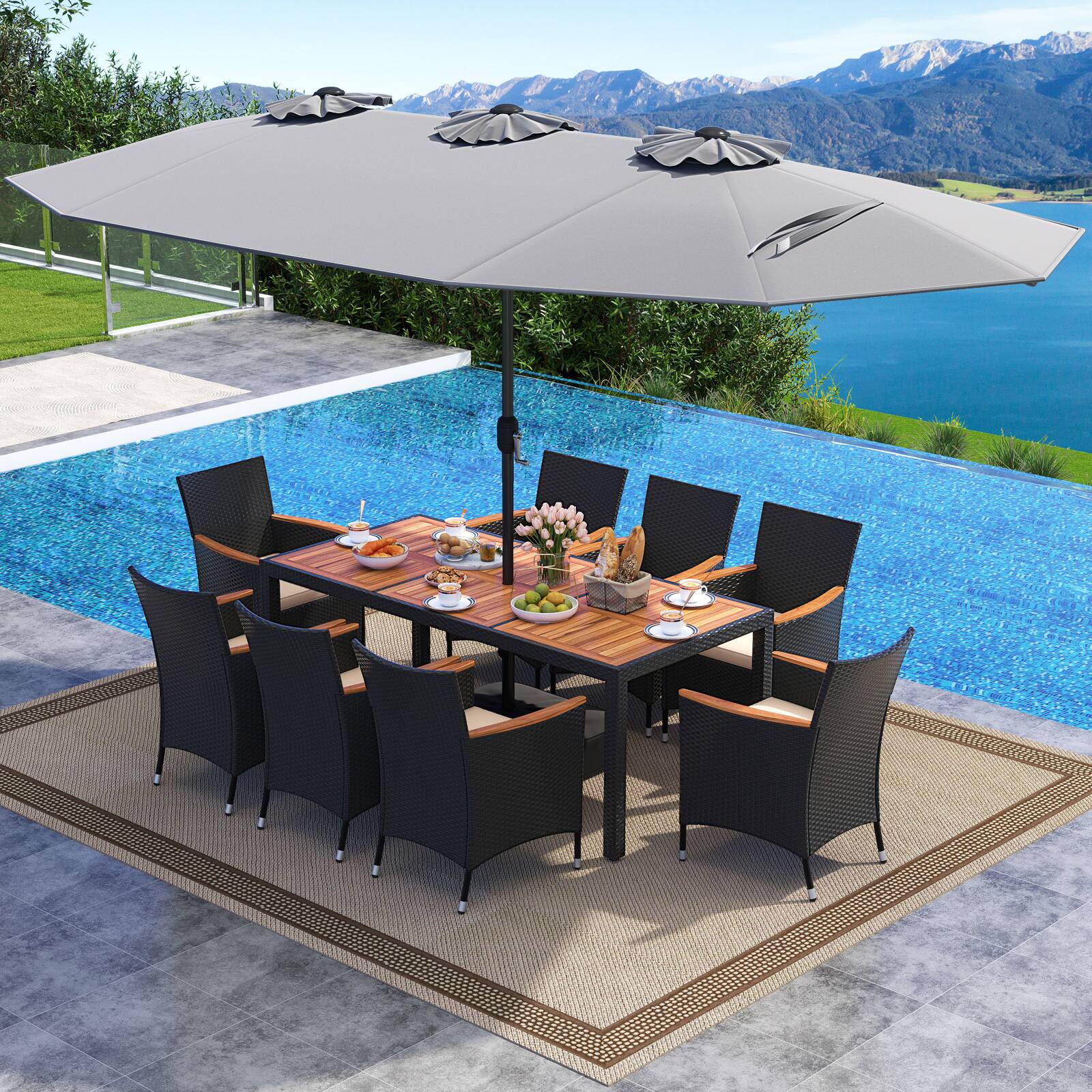 Alt View 3. Costway - Costway 11 PCS Patio Wicker Dining Set with Double-Sided Outdoor Umbrella 8 Stackable Chairs - Gray,White.