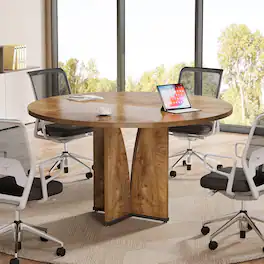 Tribesigns - Conference Table with Engineered Wood Construction, Space-Saving Design and Round Top for Office - Brown