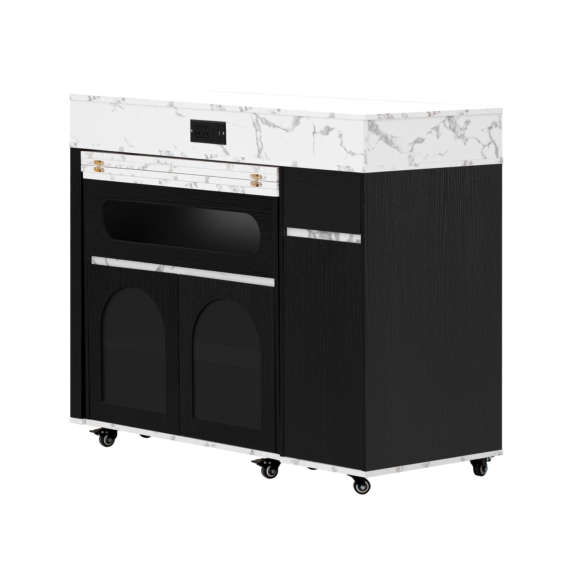 Left. Forest'nSky - Black Sideboard Buffet Cabinet Extendable Dining Table with Extra-Long Folding Top,Drawers, Power Outlet and Brake lock - Black.