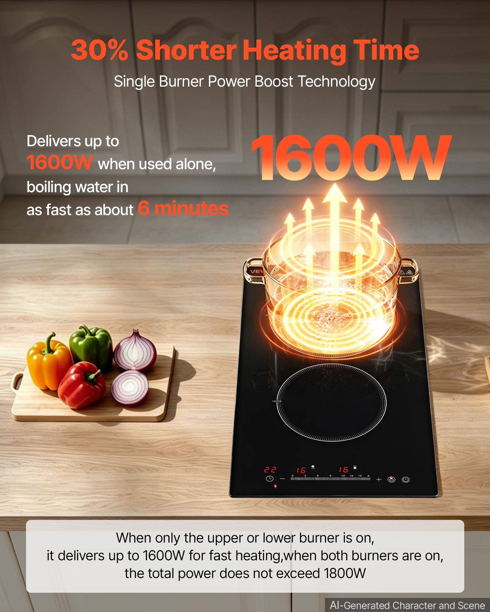 30% Shorter Heating Time  
Single Burner Power Boost Technology  

Delivers up to 1600W when used alone, boiling water in as fast as about 6 minutes  

When only the upper or lower burner is on, it delivers up to 1600W for fast heating, when both burners are on, the total power does not exceed 1800W  

AI-Generated Character and Scene