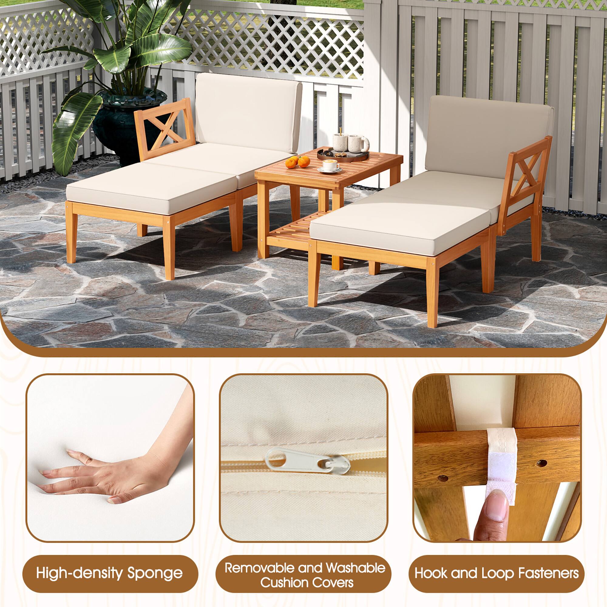 The text on the image is grouped as follows:

1. High-density Sponge: This refers to the cushions being made of a high-density sponge material, which provides comfort and support.
2. Removable and Washable Cushion Covers: These cushion covers can be easily removed and washed, making them practical and easy to maintain.
3. Hook and Loop Fasteners: These fasteners are used to secure the cushion covers to the furniture, providing a secure and stable attachment.
4. Cushion Covers: These are the protective covers that are placed on the cushions, providing an additional layer of comfort and protection.