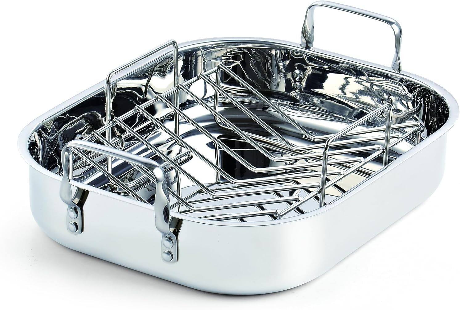 Front. Cooks Standard - Classic 16''x13'' S/S Roaster Pan W/V-Shaped Rack,Turkey Roasting Pan W/Rack,Large Capacity,Oven and Dishwasher Safe - stainless steel.