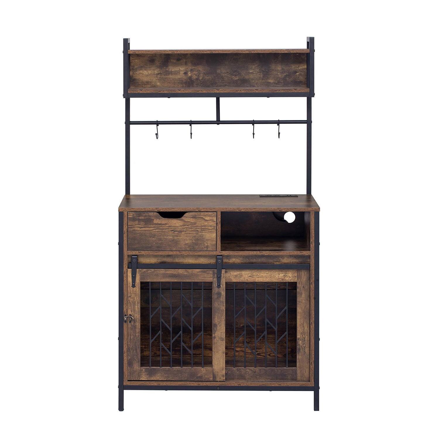 Alt View 4. Pefilos - 31" Multi-Functional Dog Crate with Storage for Kitchen, Rustic Dog Kennel with Cup Board and Drawers.