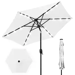 Best Choice Products - 7.5ft Outdoor Solar Patio Umbrella for Deck, Pool w/ Tilt, Crank, LED Lights - White