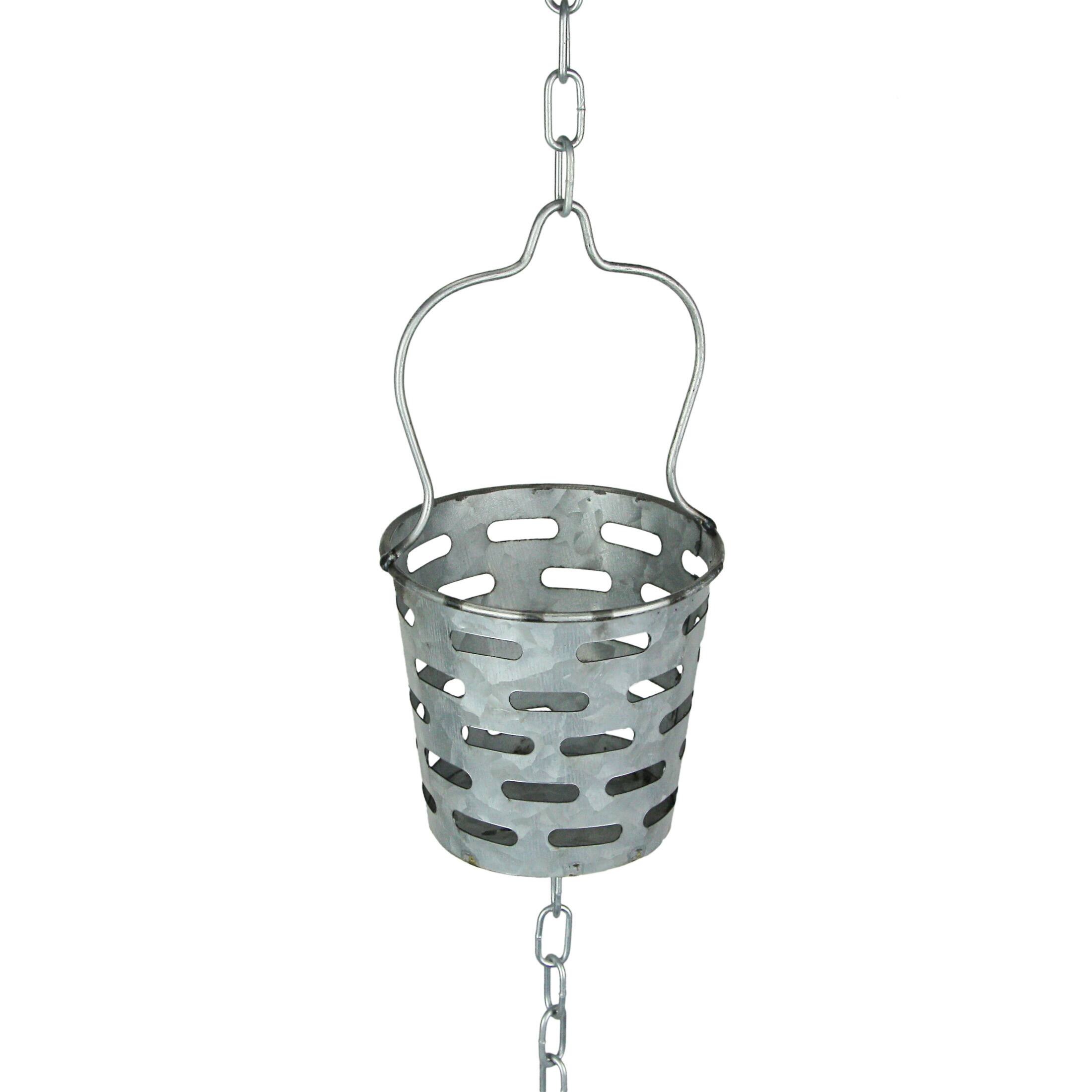 Alt View 2. Zeckos - 74 Inch Galvanized Metal Olive Bucket Rain Chain Gutter Home Downspout Accent - Silver.