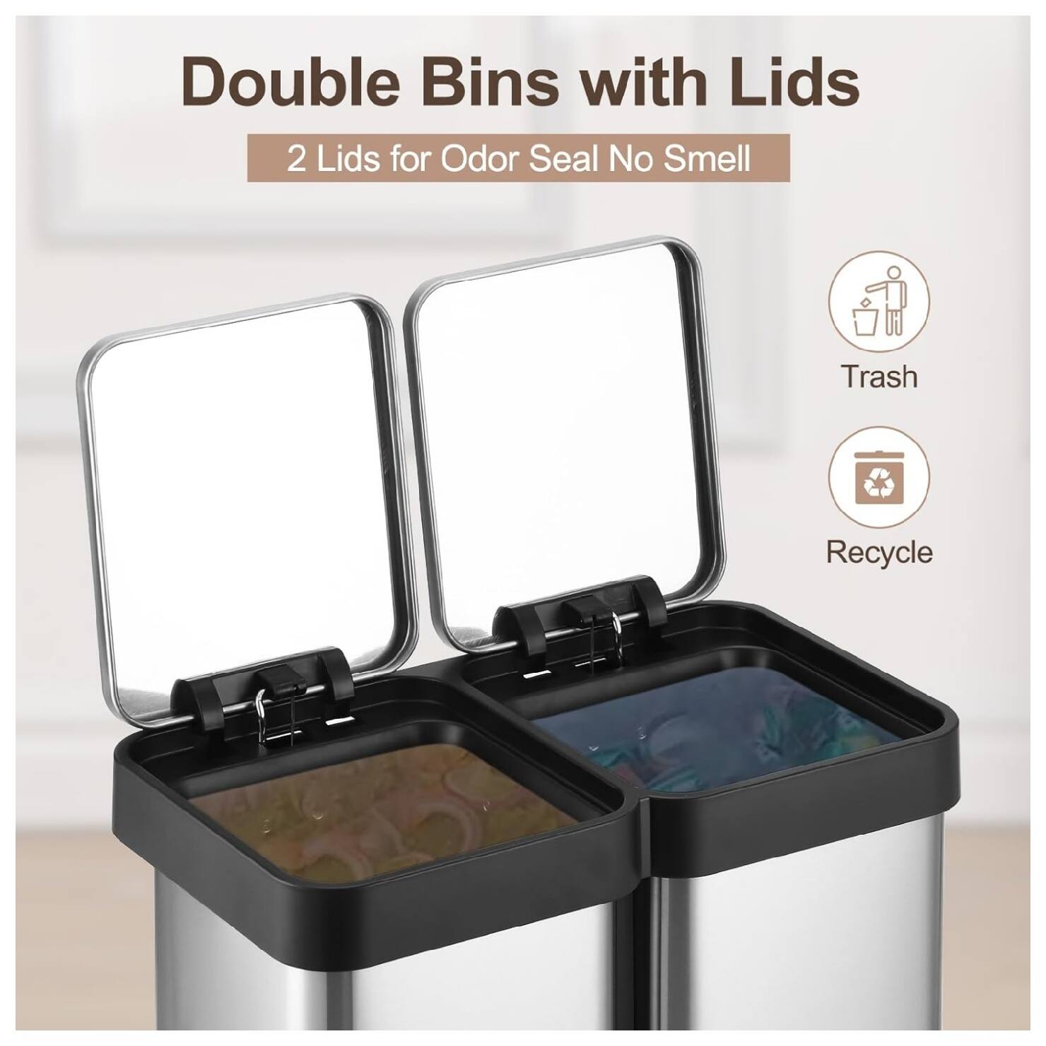 Double Bins with Lids  
2 Lids for Odor Seal No Smell  

Trash  
Recycle