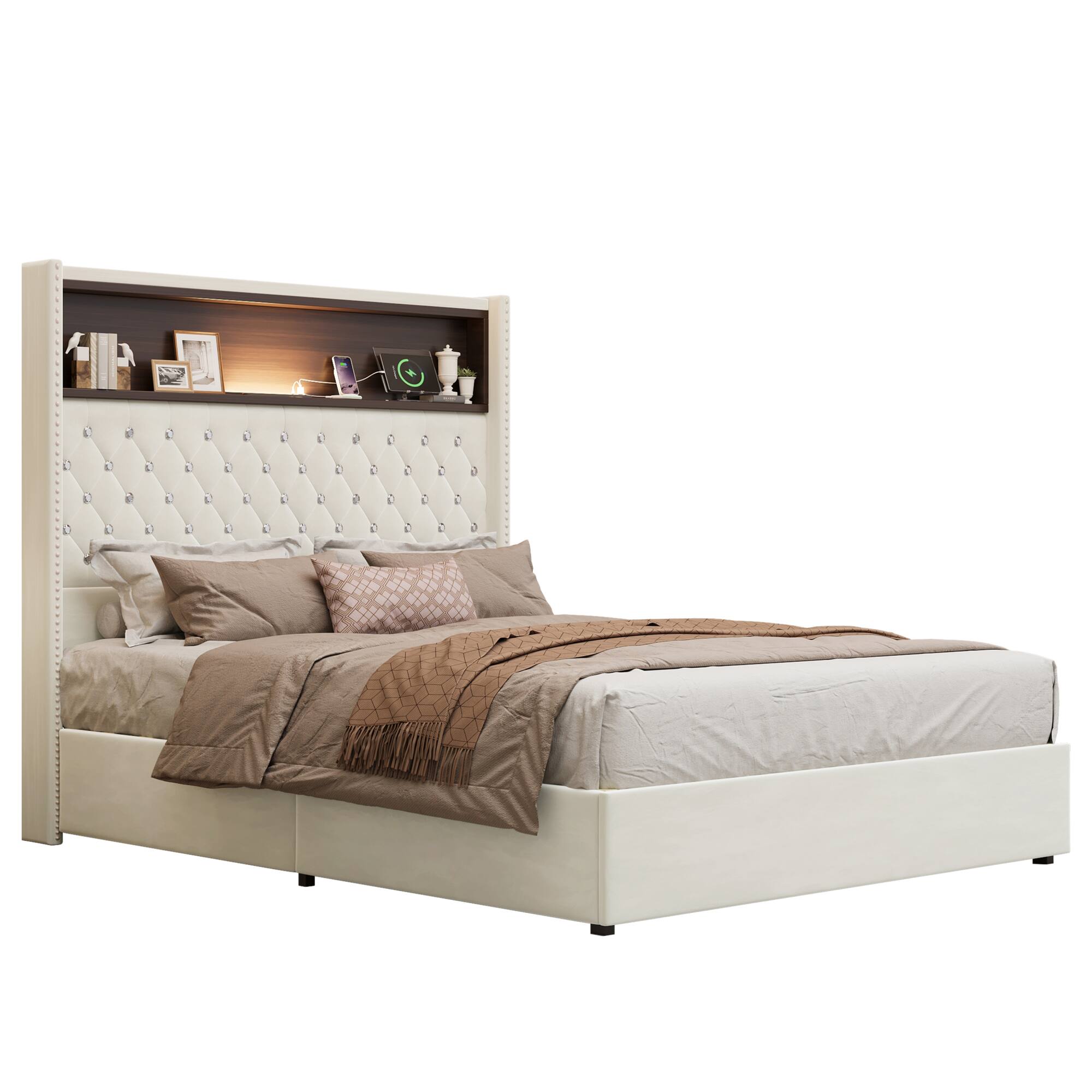 Alt View 6. GOODSILO - Luxurious Velvet Tufted Bed Frame with USB Port and Night Light, High Headboard Platform Bed - Beige.