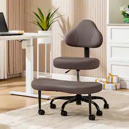 KERDOM - Ergonomic Cross-Legged Office Chair with Wheels, Meditation & Kneeling Chair for Adult, PU Leather Wide Seat 360° Swivel - Brown